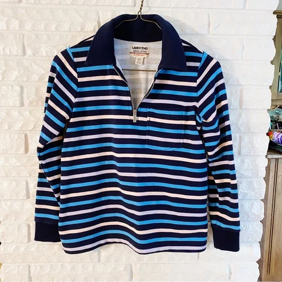 Lands' End Deep Sea Navy Pink Stripe Zip-Front Collared Long-Sleeve Top Size XS - Picture 3 of 6
